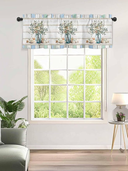 Kitchen Valances for Window, Ocean Starfish Conch Shell Eucalyptus Light Filtering Rod Pocket Valance Curtain, Colorful Wood Grain Short Curtains Window Topper for Bedroom Living Room 54x18in