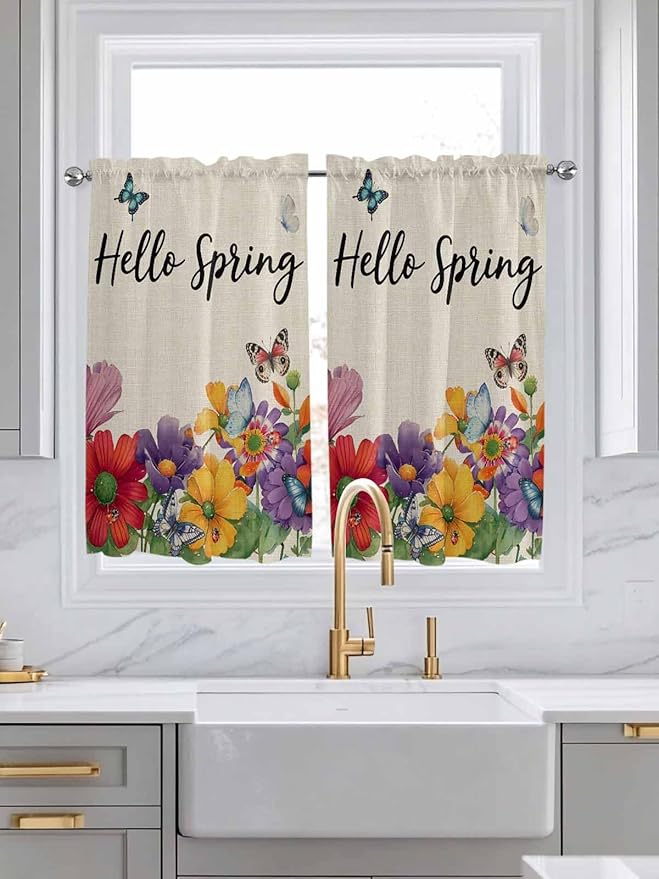 Spring Flowers Tier Curtains 45 Inches Long, Farmhouse Vintage Country Colorful Floral Window Treatment Curtain Drapes, Window Half Privacy Curtains for Bedroom Bathroom, 42"x45", 2 Panels