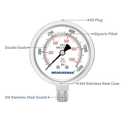 MEASUREMAN Fully Stainless Steel Hydraulic Glycerin Filled Pressure Gauge, 2-1/2" Dial Size,0-15000psi/bar,1/4" NPT Lower Mount