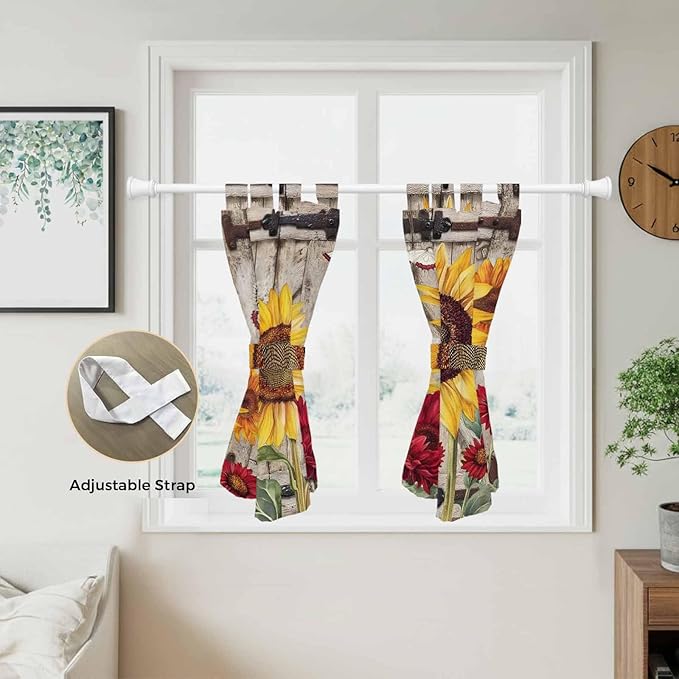 Sunflowers Bedroom Curtains 63 Inch Length, Window Curtains Tab Top, Retro Flower Barn Doors Butterfly Farmhouse Brown Light Filtering Window Treatments Drapes 42"x63" 2 Panel