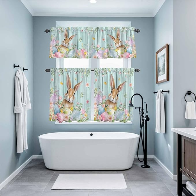 Kitchen Curtains Tiers and Valance Set of 3, Easter Light Filtering Window Curtain Set, Spring Rabbit Eggs Flowers Leaf Green Wooden Plank Rod Pocket Curtain Drapes for Living Room, 24 Inches Tiers