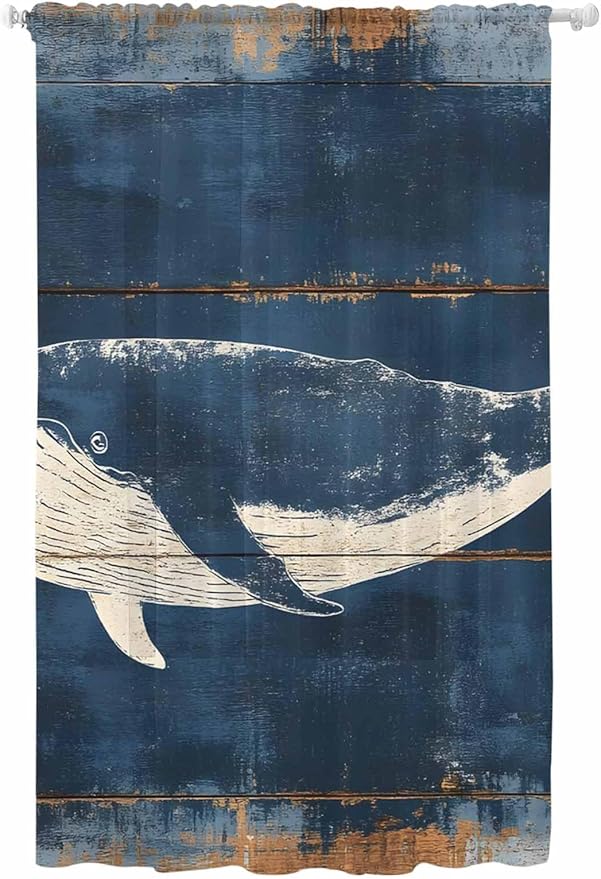 Sheer Curtains 84 Inches Long, Summer Whale Blue Semi Sheer Curtains Light Filtering Window Treatment, Coastal Ocean Vintage Wooden Grain Privacy Voile Drapes for Living Room Bedroom 52x84 Inch