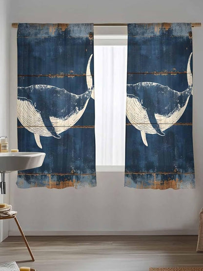 Sheer Curtains 72 Inches Long, Summer Whale Blue Semi Sheer Curtains Light Filtering Window Treatment, Coastal Ocean Vintage Wooden Grain Privacy Voile Drapes for Living Room Bedroom 52x72 Inch