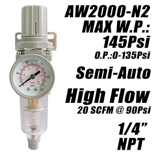 1/4" NPT Air Filter Pressure Regulator Combo Water Separator for Air Compressor Line Semi-Auto Drain 5 Micron Brass Element 0-150 psi Gauge