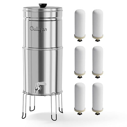 Culligan MaxClear 3 Gallon Gravity Water Filter System, Polished Stainless-Steel Countertop Water Filter NSF/ANSI Certified to Reduce Microplastics, Lead & Total PFAS, with 6 Ceramic Filters