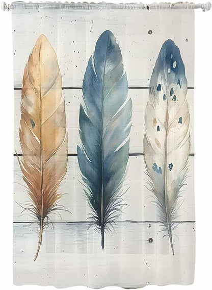 Sheer Curtains 72 Inches Long, Boho Blue Feathers Semi Sheer Curtains Light Filtering Window Treatment, Country Vintage Wooden Grain Privacy Voile Drapes for Living Room Bedroom 52x72 Inch