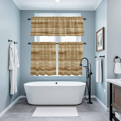 Kitchen Curtains Tiers and Valance Set of 3, Light Brown Wood Grain Light Filtering Window Curtain Set, Western Farmhouse Barn Door Rod Pocket Curtain Drapes for Cafe, Living Room, 36 Inches Tiers