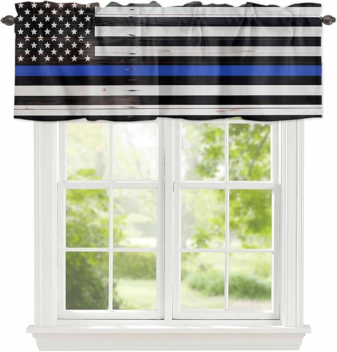 American Flag Valances for Windows, Blue Line Star Black White Stripes Wood Grain Kitchen Valance Light Filtering Rod Pocket Short Curtains for Kitchen Bathroom, 1 Panel, 42"x18"