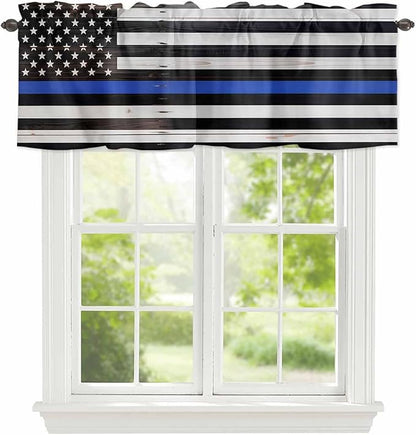 American Flag Valances for Windows, Blue Line Star Black White Stripes Wood Grain Kitchen Valance Light Filtering Rod Pocket Short Curtains for Kitchen Bathroom, 1 Panel, 42"x12"