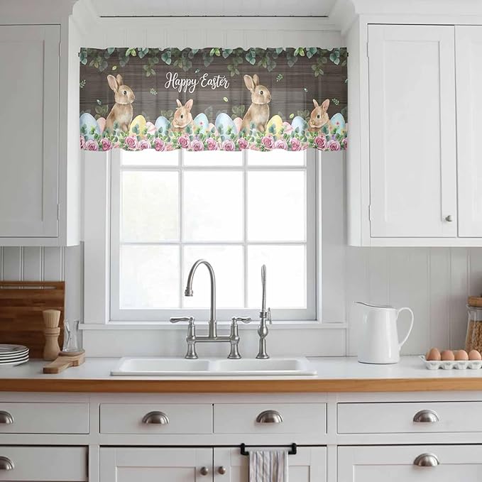 Easter Sheer Valances for Windows 42"x12", Light Filtering Kitchen Curtains Valance, Spring Watercolor Bunny Eggs Flower Leaf Wood Grain Rod Pocket Chiffon Curtains for Living Room Bedroom Cafe