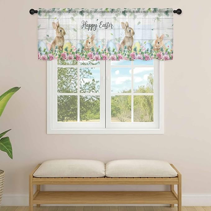 Easter Sheer Valances for Windows 42"x18", Light Filtering Kitchen Curtains Valance, Spring Watercolor Bunny Eggs Flower Leaf Wooden Grey Rod Pocket Chiffon Curtains for Living Room Bedroom Cafe