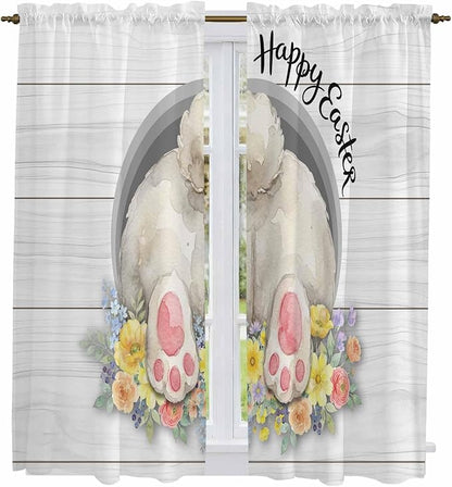 Easter Bunny Window Curtains 63 Inch Long 2 Panel Set,Rod Pocket Bedroom Curtains & Drapes,3D Optical Illusion Farmhouse Flower Wood Grain Light Filtering Window Treatment for Living Room 42"W x 63"L