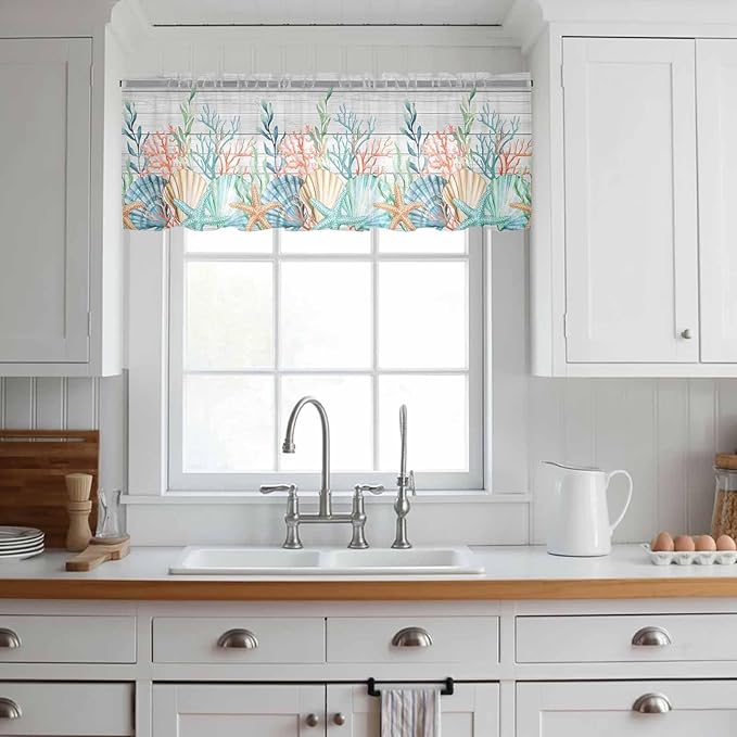 Summer Beach Sheer Valance Curtains, Ocean Colorful Coral Shell Seaweed Starfish Wood Grain Light Filtering Kitchen Valances Rod Pocket Voile Curtain Treatment for Bedroom/Living Room/Basement 42Wx12L