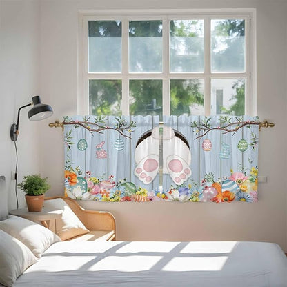 Easter Kitchen Tier Curtains 24 Inch Long 2 Panel Set,Rod Pocket Cafe Small Window Curtains Over Sink,Spring Watercolor Bunny Eggs Flower Wood Grain Blue Light Filtering Short Drapes 27.5"W x 24"L