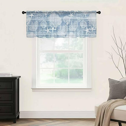 Haze Blue Retro Summer Sheer Valance Curtains, Sea Turtle Starfish Coral Ocean Light Filtering Kitchen Valances Rod Pocket Voile Curtain Window Treatment for Bedroom/Living Room/Basement 42Wx12L