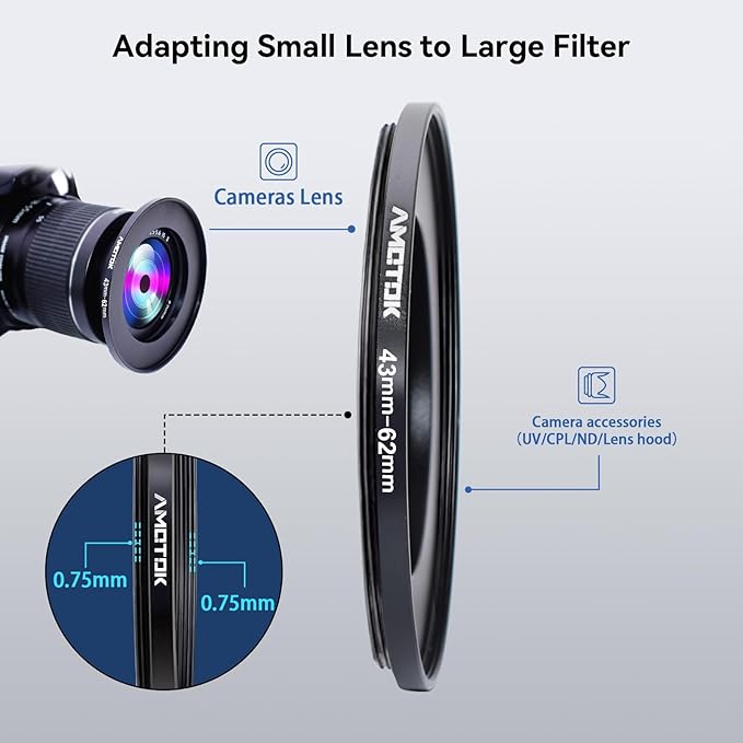 43mm to 62mm Lens adapter/43mm Lens to 62mm Camera Filters Ring Compatible All 43mm Camera Lenses to 62mm UV CPL ND Filter Accessory and 62mm Camera Accessory