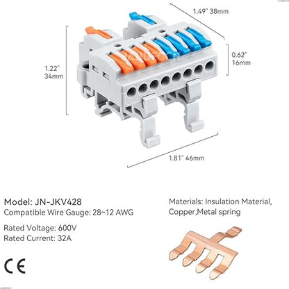 6pcs DIN Rail Terminal Blocks, DIY Splicing Wire Connectors for Circuit Inline 28-12AWG (2 in 8 Out)