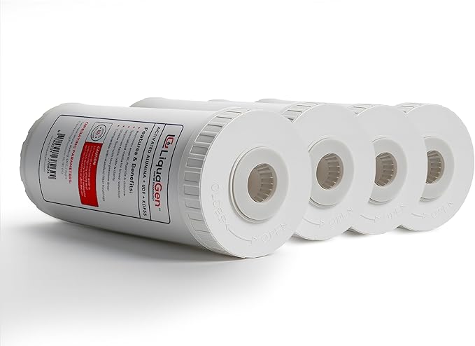 LiquaGen Activated Alumina + Carbon + KDF-55 Replacement Water Filter Cartridge – Helps Manage Fluoride, Chlorine & Taste, Refillable 2.5" x 10", 2.5" x 20", 4.5" x 10", 4.5" x 20" (4, 4.5" x 10")