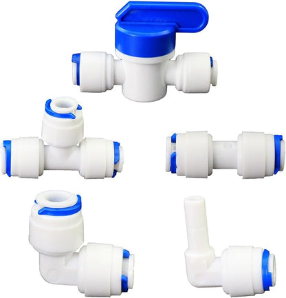 Water purifier globe valve, tee, elbow, straight through 1/4 "FPT pipe quick collection, quick push in plastic pipe joint, suitable for 5pcs of reverse osmosis filtration RODI water purifier system