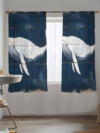 Sheer Curtains 72 Inches Long, Ocean Whale Blue Semi Sheer Curtains Light Filtering Window Treatment, Watercolor Coastal Vintage Wood Grain Privacy Voile Drapes for Living Room Bedroom 52x72 Inch