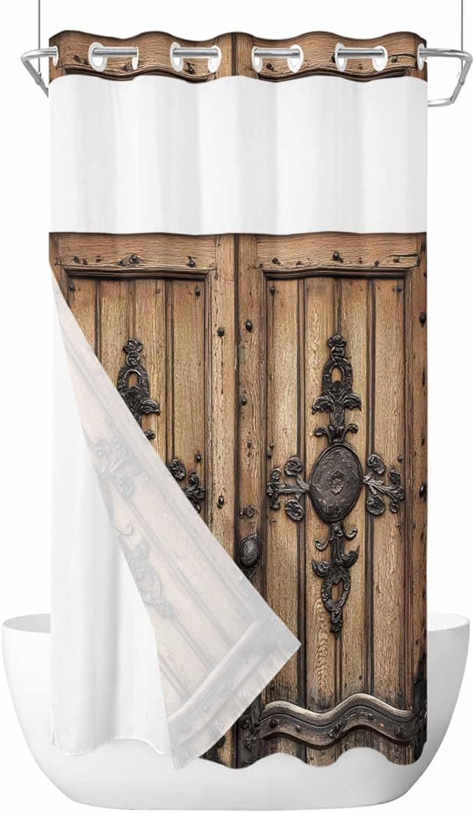 Wood Barn Door No Hook Shower Curtain with Snap in Liner Set, Waterproof Shower Curtains for Bathroom, Wooden Plank Fabric Shower Curtain, See Through Mesh Top Window, 36" W x 72" L