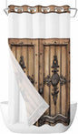 Wood Barn Door No Hook Shower Curtain with Snap in Liner Set, Waterproof Shower Curtains for Bathroom, Wooden Plank Fabric Shower Curtain, See Through Mesh Top Window, 54" W x 78" L