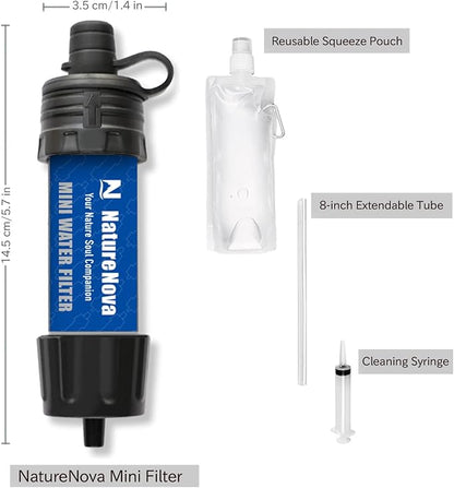 Mini Water Filter NatureNova Portable Emergency Water Filtration System Hiking Camping Straw Survival Gear Emergency Preparedness