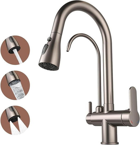Kitchen Sink Faucet with Pull - Down Sprayer, 2 - Handle 3 - in - 1 Kitchen Sink Filter Faucet, Cold and Hot Mixer Drinking Water Faucet (3-in-1 Filter Faucet, Grey)