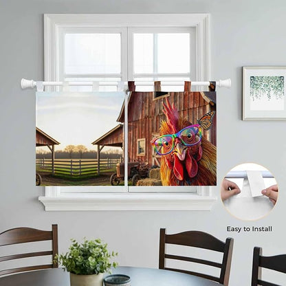 Farm Rooster Kitchen Curtains 24 Inch Length, Small Window Curtains Tab Top, Farmhouse Barn Funny Animals Butterfly Light Filtering Short Window Treatments Tier Drapes 27.5"x24" 2 Panel