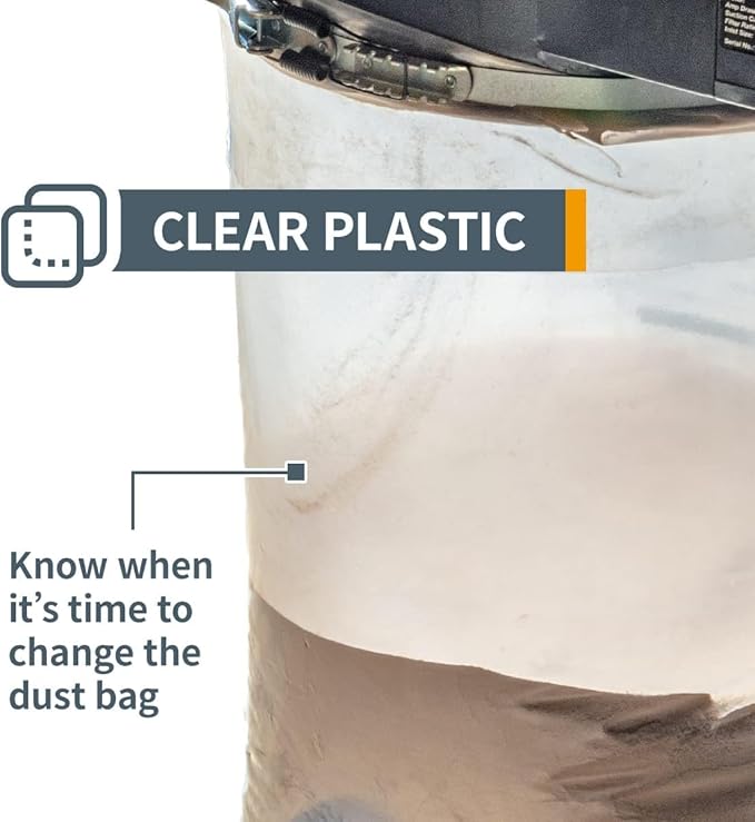 POWERTEC 70426 Dust Collector Bags and Clamp Set | 21" x 31" x 1 Micron Filter Upper Bag with 19-1/8 Inch Band Clamp and 5pc Clear Plastic Dust Collection Bags 20" x 43"
