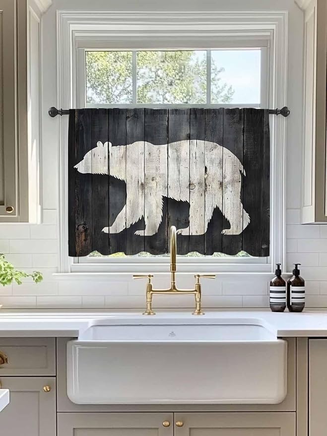 Sheer Curtains 54 Inch Length, White Brown Bear Semi Sheer Curtains Light Filtering Window Treatment, Rustic Counrty Vintage Wood Grain Privacy Voile Drapes for Living Room Bedroom 52x54 Inch