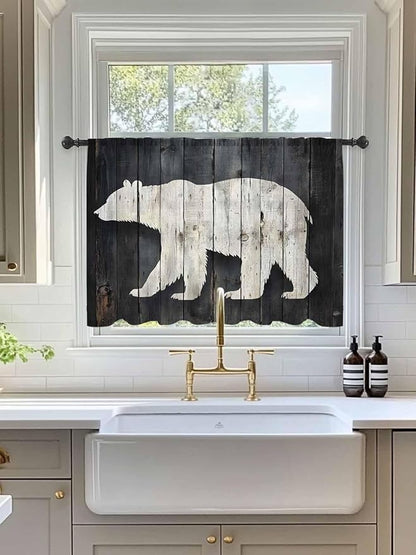 Sheer Curtains 45 Inch Length, White Brown Bear Semi Sheer Curtains Light Filtering Window Treatment, Rustic Counrty Vintage Wood Grain Privacy Voile Drapes for Living Room Bedroom 52x45 Inch