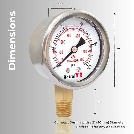 Glycerin-Filled Pressure Gauge,Brass Internal 2-Inch Gauge, Stainless Steel, 1/4" NPT Lower Mount (0-100Psi 2 Pack)