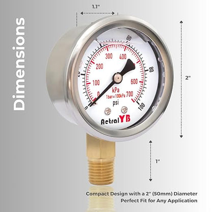 Glycerin-Filled Pressure Gauge,Brass Internal 2-Inch Gauge, Stainless Steel, 1/4" NPT Lower Mount (0-100Psi 2 Pack)