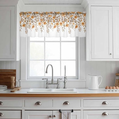 Spring Summer Flowers Sheer Valance Curtains, Vintage Watercolor Orange Floral Leaf Plant Light Filtering Kitchen Valances Rod Pocket Voile Curtain Treatment for Bedroom/Living Room/Basement 54Wx18L