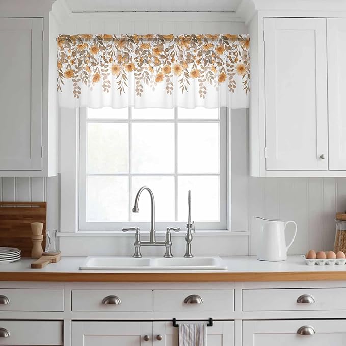 Spring Summer Flowers Sheer Valance Curtains, Vintage Watercolor Orange Floral Leaf Plant Light Filtering Kitchen Valances Rod Pocket Voile Curtain Treatment for Bedroom/Living Room/Basement 60Wx18L