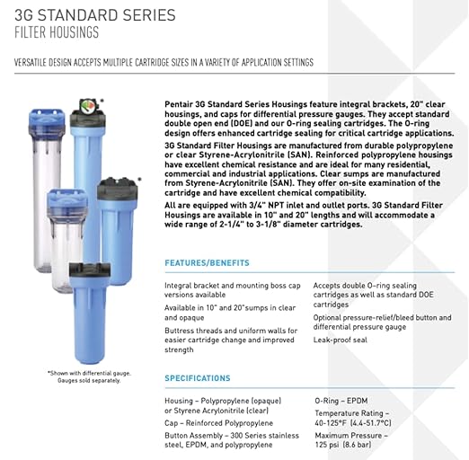 Pentair Pentek 150550 3G Standard Filter Housing, 3/4" NPT 10 Opaque Water Filter Housing with Integral Bracket Cap and Pressure Relief Button, 10-Inch, Black/Blue