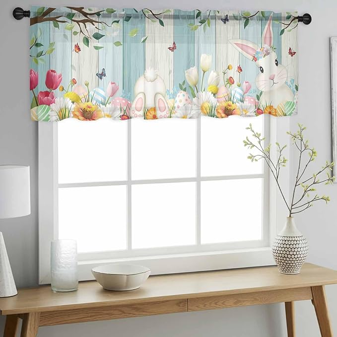 Easter Sheer Valances for Windows 54"x18", Light Filtering Kitchen Curtains Valance, Spring Watercolor Bunny Eggs Tulip Wooden Grain Rod Pocket Chiffon Curtains for Living Room Bedroom Cafe