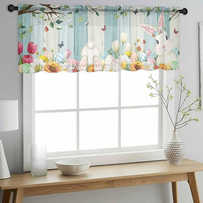 Easter Sheer Valances for Windows 54"x18", Light Filtering Kitchen Curtains Valance, Spring Watercolor Bunny Eggs Tulip Wooden Grain Rod Pocket Chiffon Curtains for Living Room Bedroom Cafe