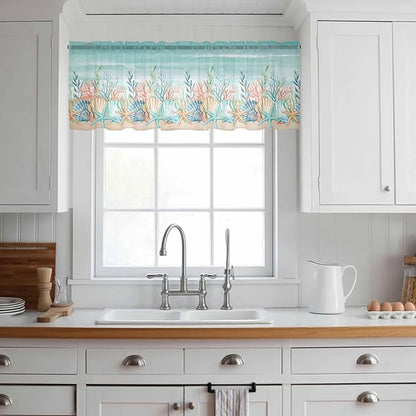 Summer Beach Sheer Valance Curtains, Green Ocean Colorful Coral Shell Seaweed Starfish Sandy Light Filtering Kitchen Valances Rod Pocket Voile Curtain for Bedroom/Living Room/Basement 54Wx18L