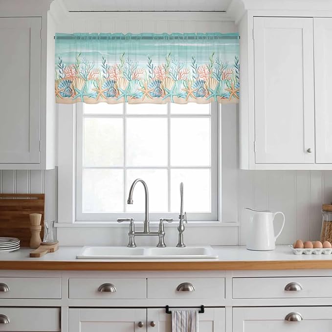 Summer Beach Sheer Valance Curtains, Green Ocean Colorful Coral Shell Seaweed Starfish Sandy Light Filtering Kitchen Valances Rod Pocket Voile Curtain for Bedroom/Living Room/Basement 42Wx12L