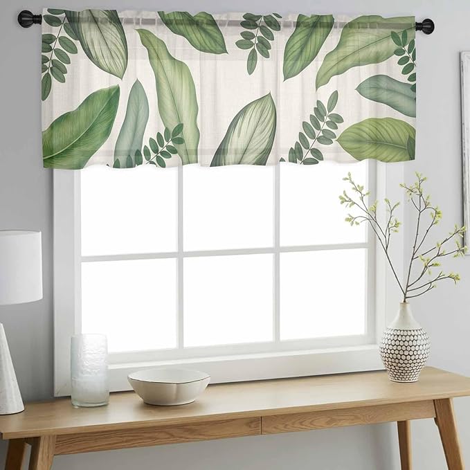 Summer Palm Leaf Sheer Valance Curtains, Green Tropical Plants Nature Leaves Linen Light Filtering Kitchen Valances Rod Pocket Voile Curtain Window Treatment for Bedroom/Living Room/Basement 54Wx18L
