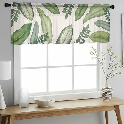 Summer Palm Leaf Sheer Valance Curtains, Green Tropical Plants Nature Leaves Linen Light Filtering Kitchen Valances Rod Pocket Voile Curtain Window Treatment for Bedroom/Living Room/Basement 60Wx18L