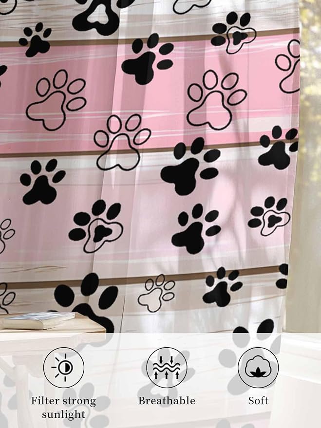 Sheer Curtains 45 Inch Length, Pink Beige Paw Print Semi Sheer Curtains Light Filtering Window Treatment, Vintage Farmhouse Country Wooden Grain Privacy Voile Drapes for Living Room Bedroom 52x45 Inch