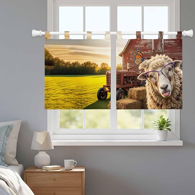 Farm Sheep Kitchen Curtains 24 Inch Length, Small Window Curtains Tab Top, Farmhouse Barn Funny Animals Butterfly Light Filtering Short Window Treatments Tier Drapes 27.5"x24" 2 Panel