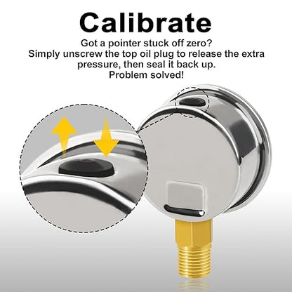 0-60 Psi Glycerin-Filled Pressure Gauge, 2-Inch Gauge, Stainless Steel, 1/4" NPT Lower Mount,400kPa Pressure Gauge for Pool Pump, Sand Filter, Air Compressor, and Well Water Systems