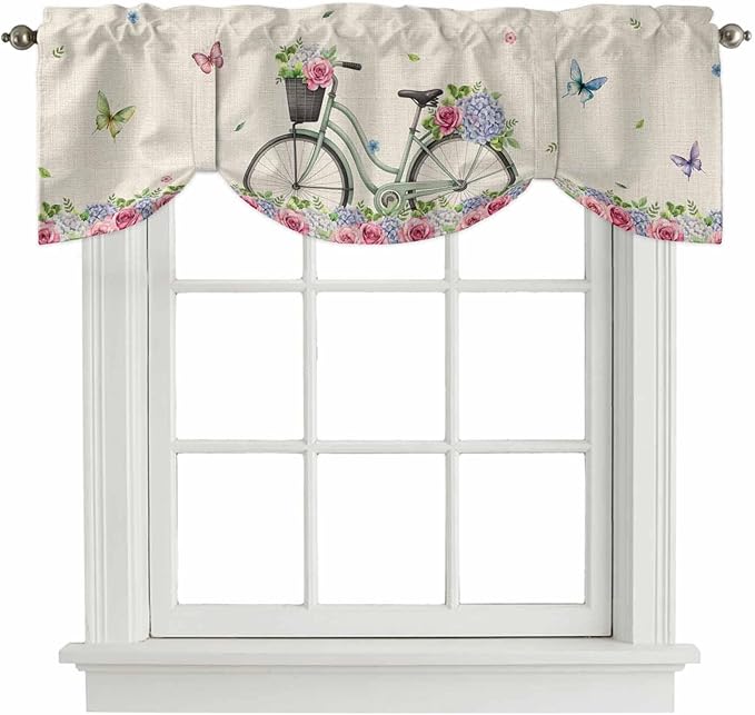 Farmhouse Spring Tie Up Valance Curtains for Windows, Kitchen Curtains Window Shades, Retro Bicycles Flowers Vines Butterfly Light Filtering Roman Curtain Valances for Bedroom/Bathroom/Cafe 42"x18"
