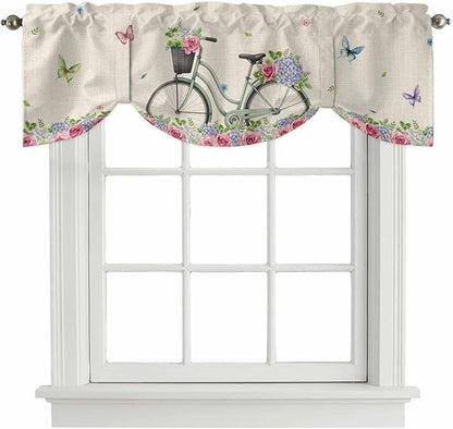 Farmhouse Spring Tie Up Valance Curtains for Windows, Kitchen Curtains Window Shades, Retro Bicycles Flowers Vines Butterfly Light Filtering Roman Curtain Valances for Bedroom/Bathroom/Cafe 42"x18"