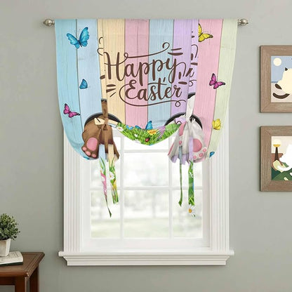 Tie Up Curtains,Happy Easter Rabbit Butt Egg on Daisy Leaf Adjustable Rod Pocket Window Shade Curtain Drape Bufferfly on Wood Barn Tie-Up Valance for Kitchen Bedroom Living Room Windows,42"x45"
