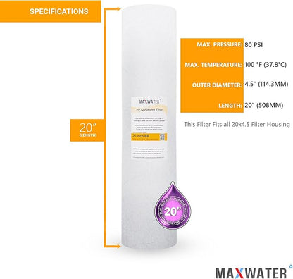 Max Water 10 Micron 20 x 4.5 Sediment Filter 20 inch Whole House BB Water Filteration System Replacement Compatible Cartridge DGD-5005-20, FP25B, AP810-6, FPMB5-20, P5-20, 155358-43, SDC-45-2005